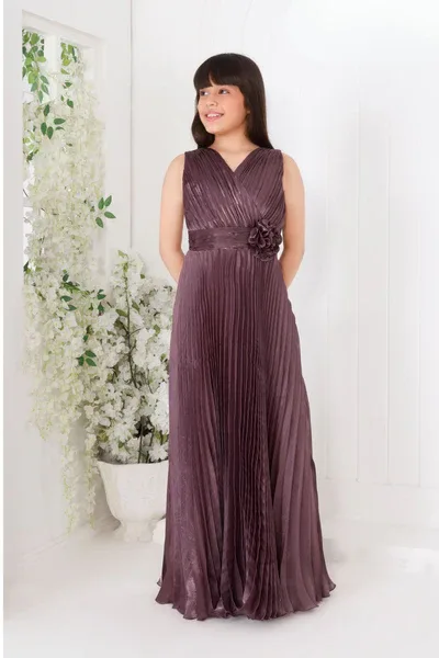 Wine Pleated Full-Length Party Gown with Floral Waist Detail For Girls
